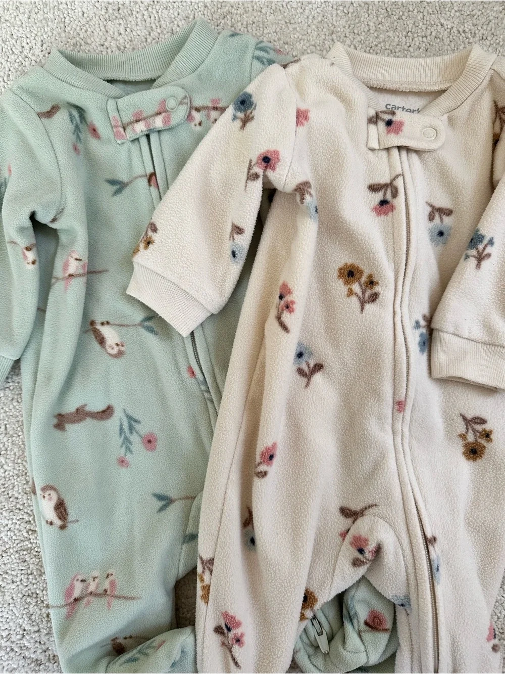 Carter's Mint Green and Cream Floral Fleece Footed One-Pieces (2-Pack)